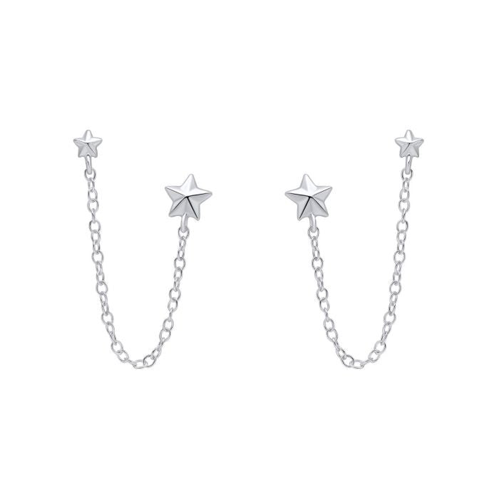 Silver Double Star Earrings with Chain Connector E6574