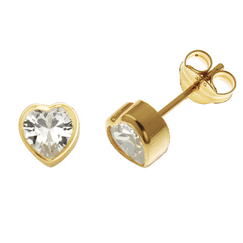 9ct Yellow Gold Rubover CZ Stud Heart Shaped Earrings