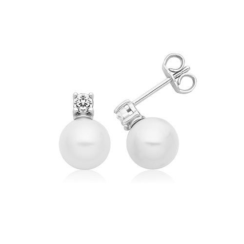 Silver 8mm Fresh Water Pearl & CZ Stud Earrings