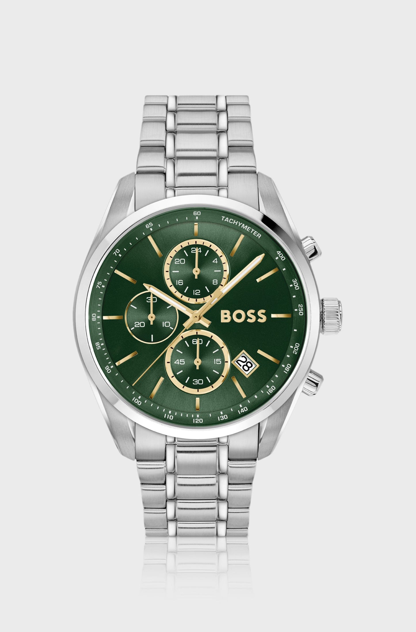 BOSS Mens Grand Prix 44 Silver Tone Green Dial Watch 1514266