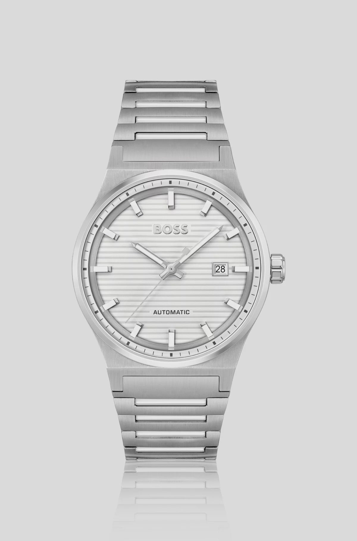 Boss Silver Tone Automatic Watch with White Grooved Dial 1514186