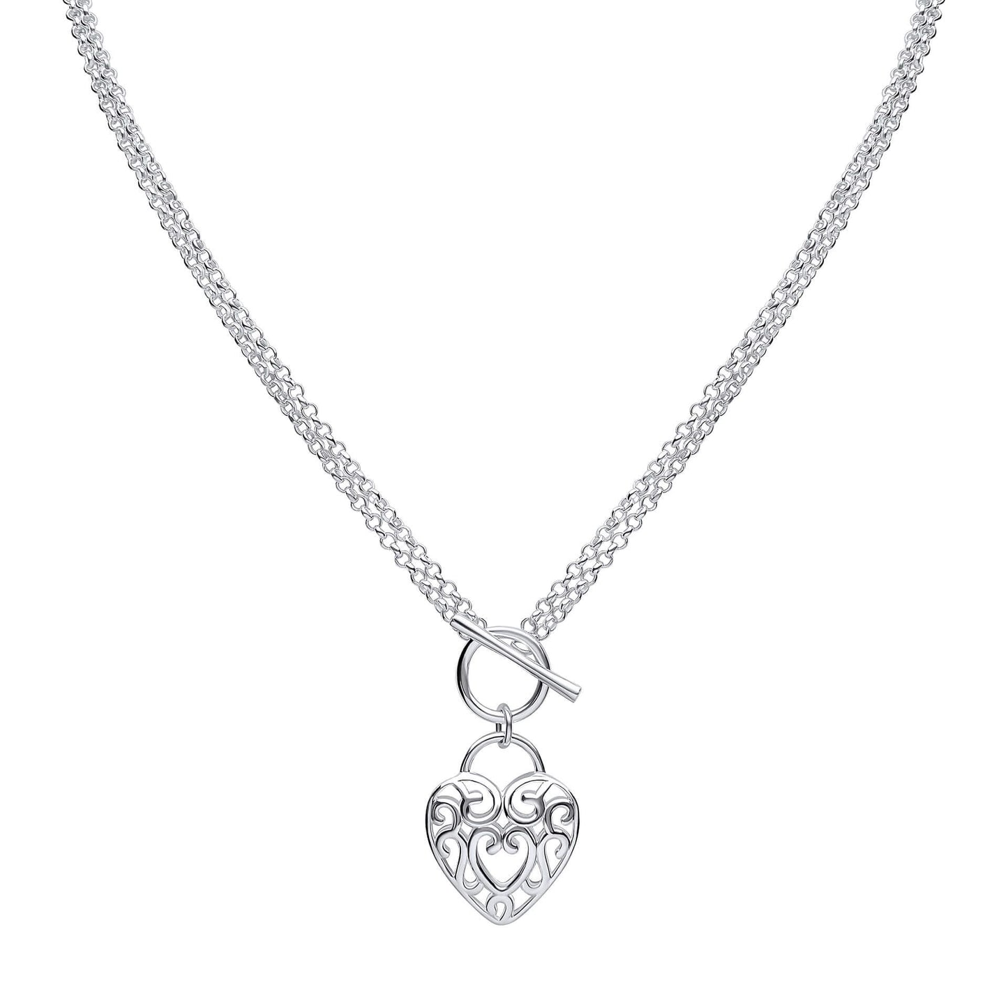 Silver Large Filigree Heart T-Bar Necklace N4606