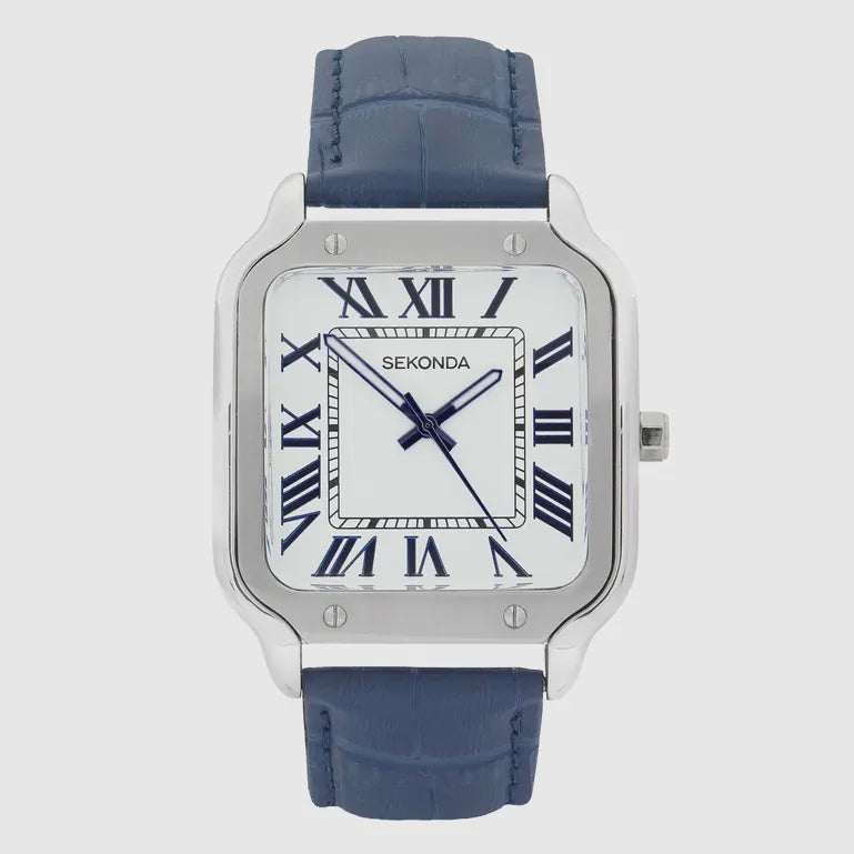 Sekonda Watch Classic Rene Men's Watch Silver Case and Blue Leather Strap 30286