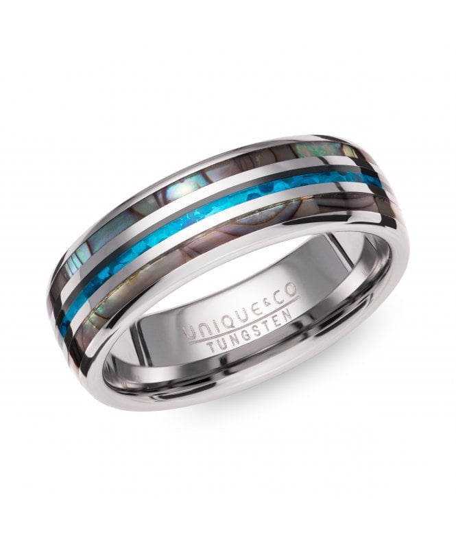 Unique & Co Tungsten Carbide ring with Abalone Shell and Blue Opal Replica Inlay TUR-146