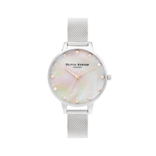 Olivia Burton Demi Mother Of Pearl Dial Silver & Rose Gold Mesh Watch OB16SE07