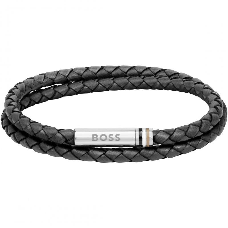 BOSS Gents Ares Black Double Wrap Leather Bracelet 1580489M