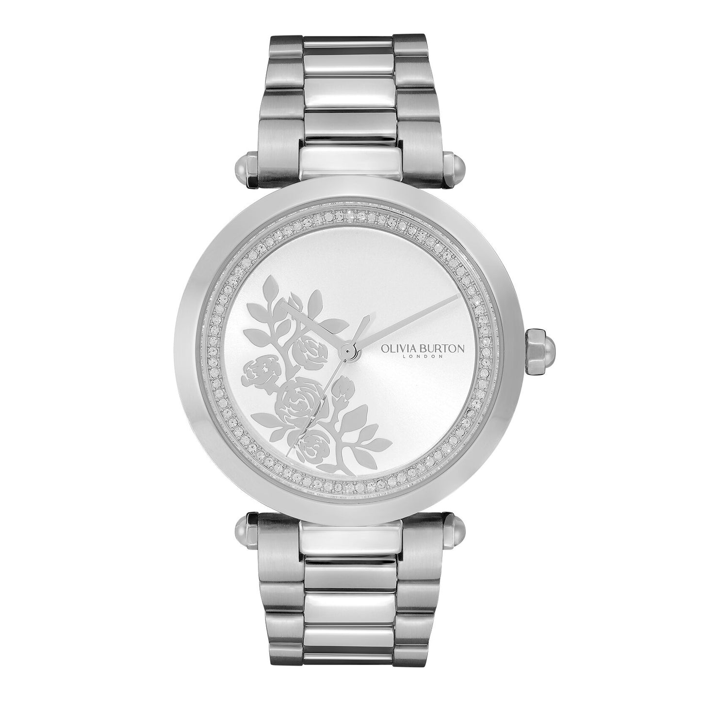 Olivia Burton 34mm Floral T-Bar White & Silver Bracelet Watch 24000042