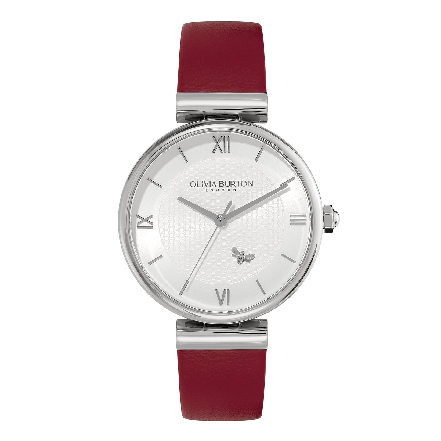 Olivia Burton Signature Minima Bee T-Bar Silver & Cranberry Leather Strap Watch 24000098