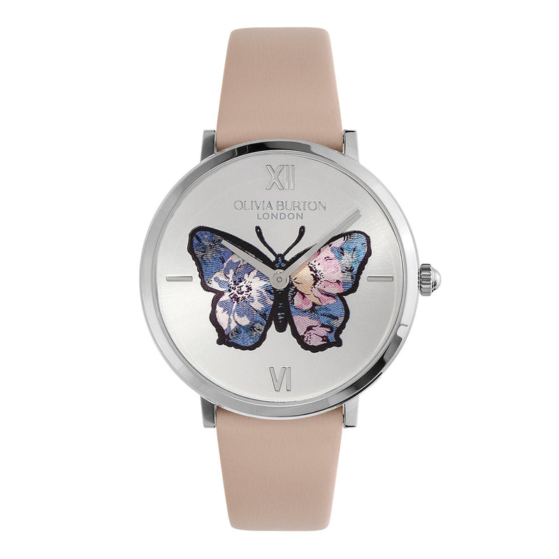Olivia Burton Signature Butterfly Ultra Slim Silver & Nude Leather Strap Watch 24000145
