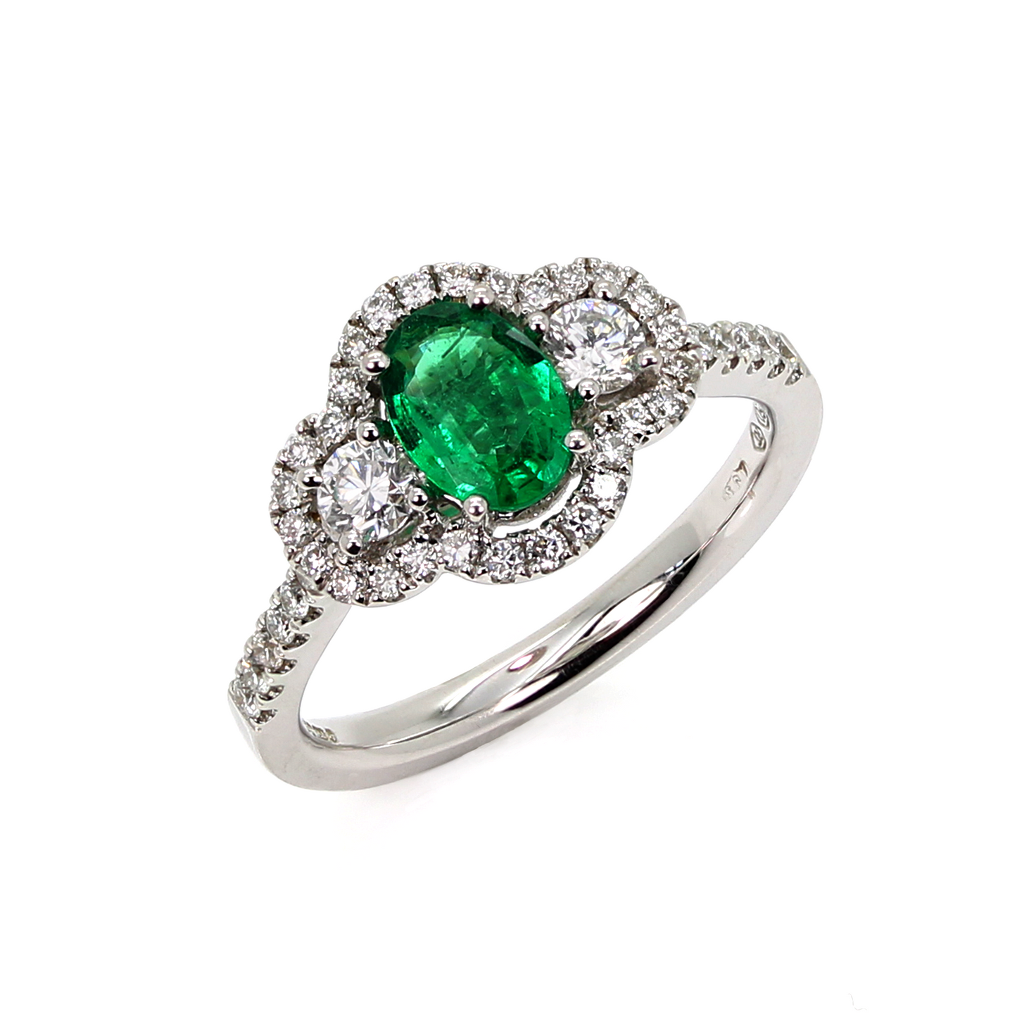 18ct Gold Emerald & Diamond Trilogy Halo Ring
