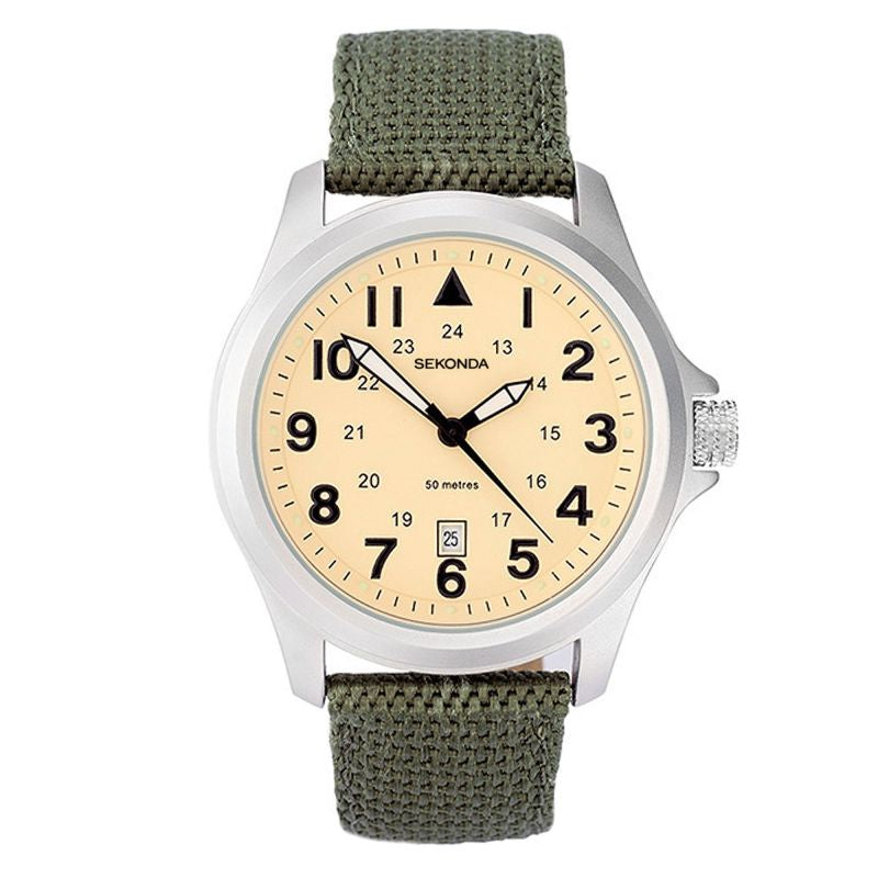 Sekonda Aviator Mens Watch with Cream Dial & Green Fabric Strap 3341
