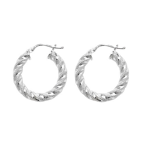 Silver 15mm Diamond Cut Twisted Hoop Earrings