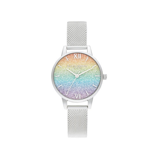 Olivia Burton Rainbow Glitter Midi Dial Silver Mesh Watch OB16GD69