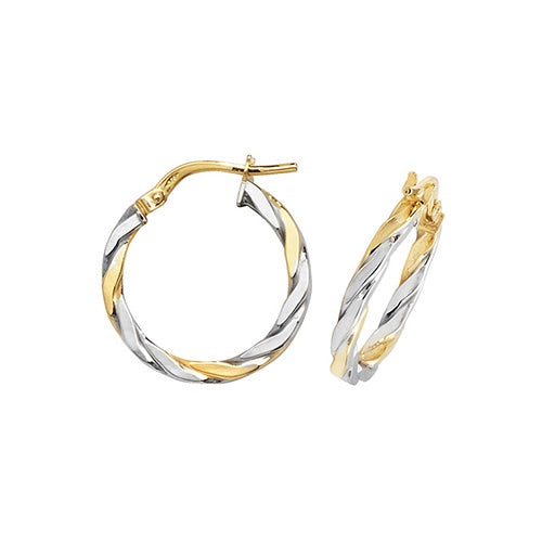 9ct Yellow/White Gold Twisted 15mm Hoop Earrings