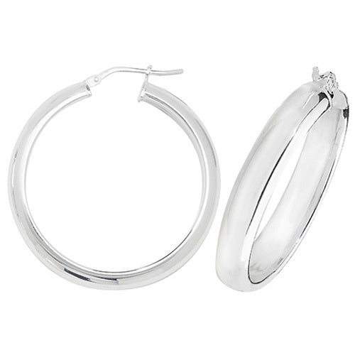 Silver 30mm Plain Rounded Hoop Earrings