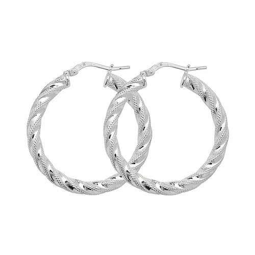 Silver 25mm Diamond Cut Twisted Hoop Earrings
