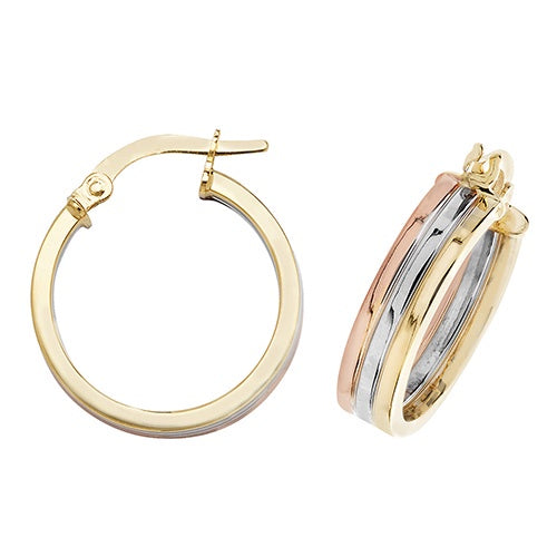 9ct Tri Colour 15mm Hoop Earrings