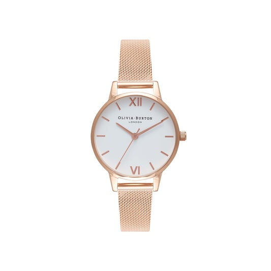Olivia Burton White Dial Rose Gold Mesh Watch OB16MDW01