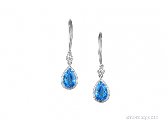 Silv Blue Topaz Teardrop Hook Earrings
