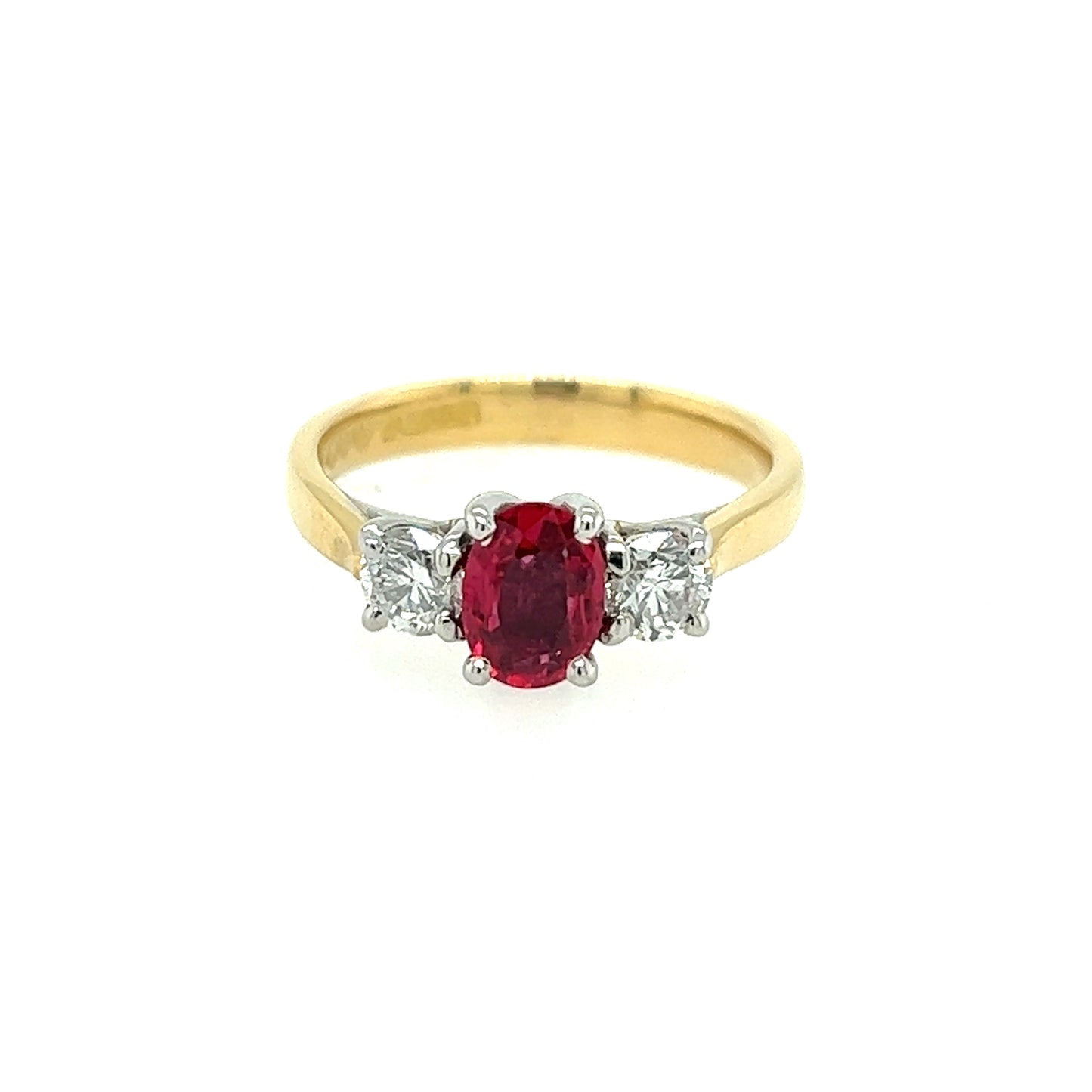 18ct Gold Ruby & Diamond Trilogy Ring - Oval & Brilliant Cut