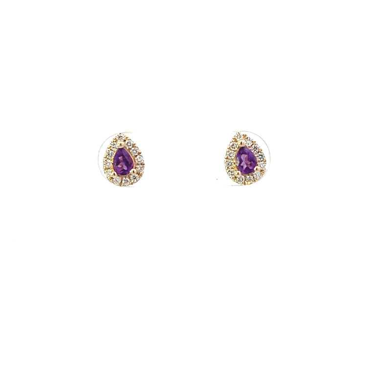 9ct Gold Pear Shaped Diamond Earrings - Amethyst - February