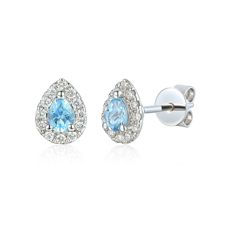9ct White Gold Pear Shaped Diamond Earrings - Aquamarine - March