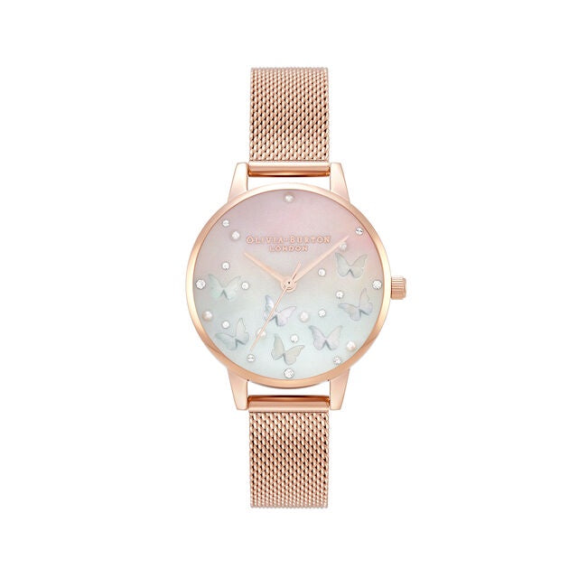 Olivia Burton Sparkle Butterfly, Midi Blush Dial With Blue Mother Of Pearl, Rose Gold Mesh Watch OB16MB38