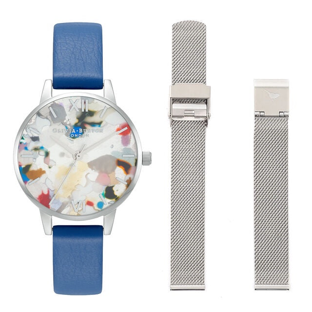 Olivia Burton Pop Art Midi Dial, Blue Eco Vegan & Silver Mesh Watch Strap Gift Set OBGSET151