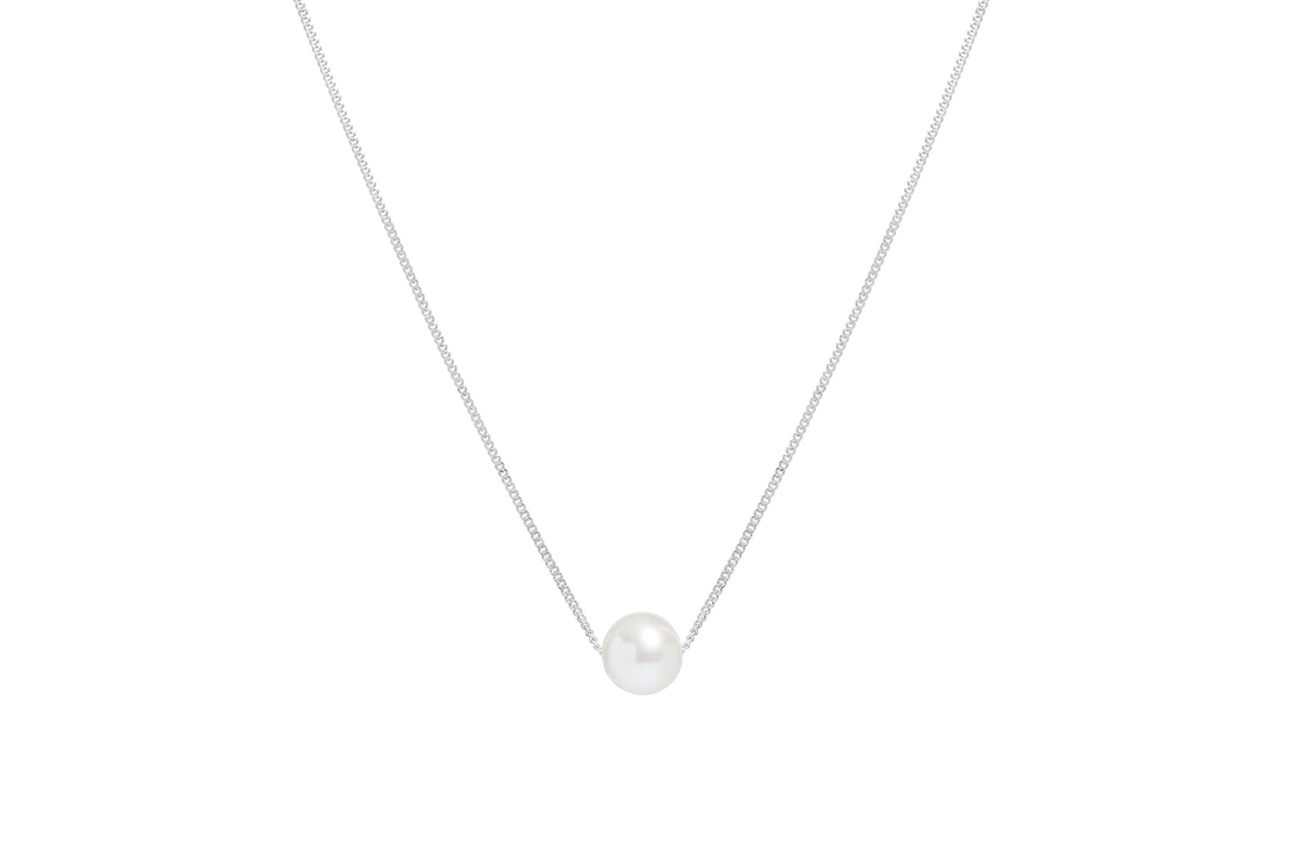 Sliding 7mm+ White Round Cultured River Pearl Silver 18" Chain