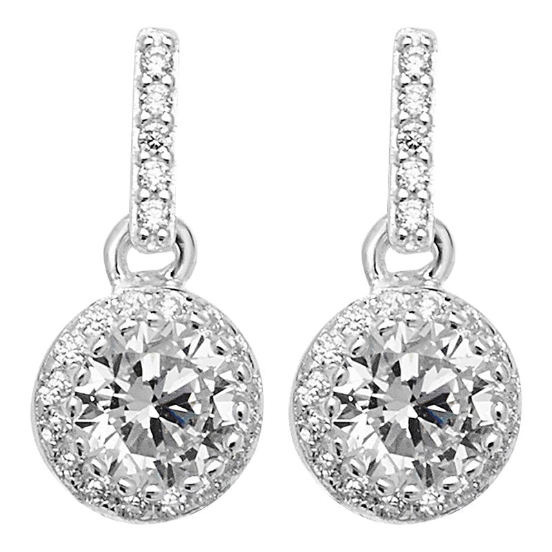 Silver CZ Halo Set Drop Earrings