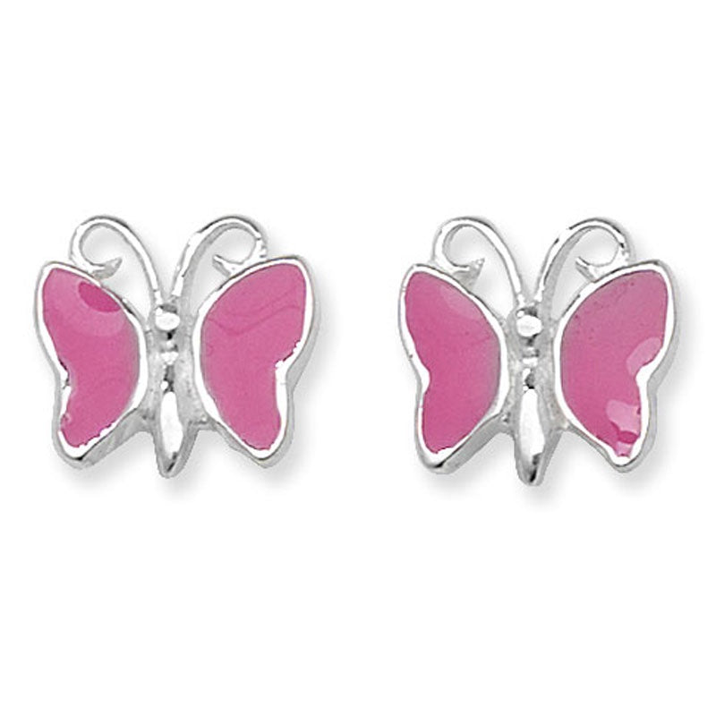 Silver Pink Enamel Butterfly Earrings