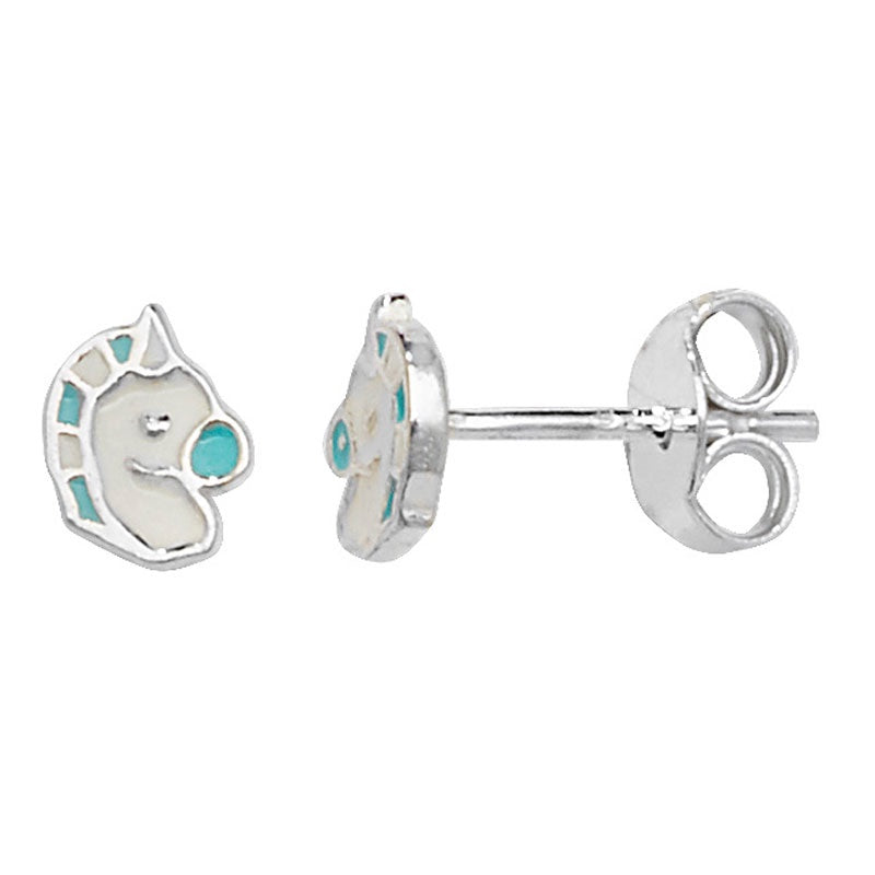 Silver Enamel Unicorn Stud Earrings SE738B