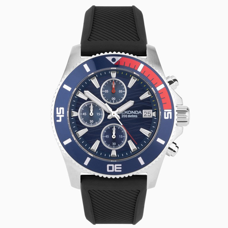 Sekonda Pacific Wave Chronograph Men's Watch Blue Dial & Black Silicone Strap 30114