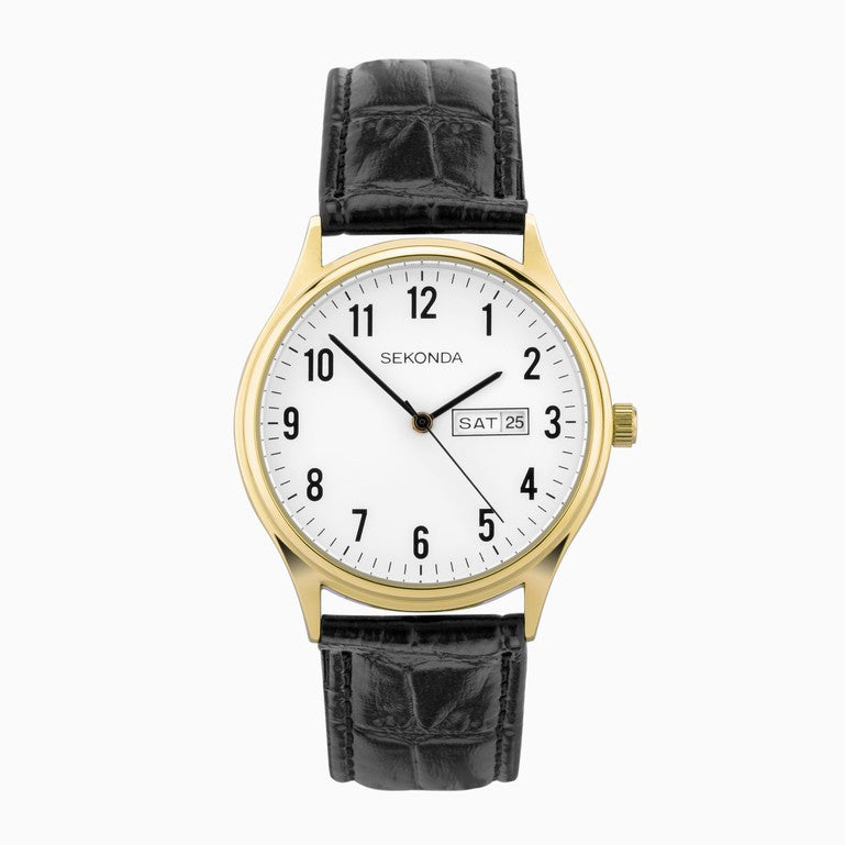 Sekonda Easy Reader Mens Watch Gold Case, White Dial & Black Leather Strap 30123