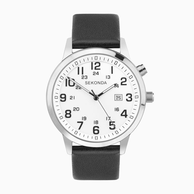 Sekonda Easy Reader Mens Watch with White Dial & Black Leather Strap 30125