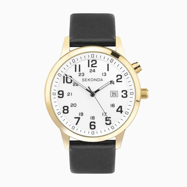 Sekonda Easy Reader Men's Watch Gold Case, White Dial & Black Leather Strap 30127