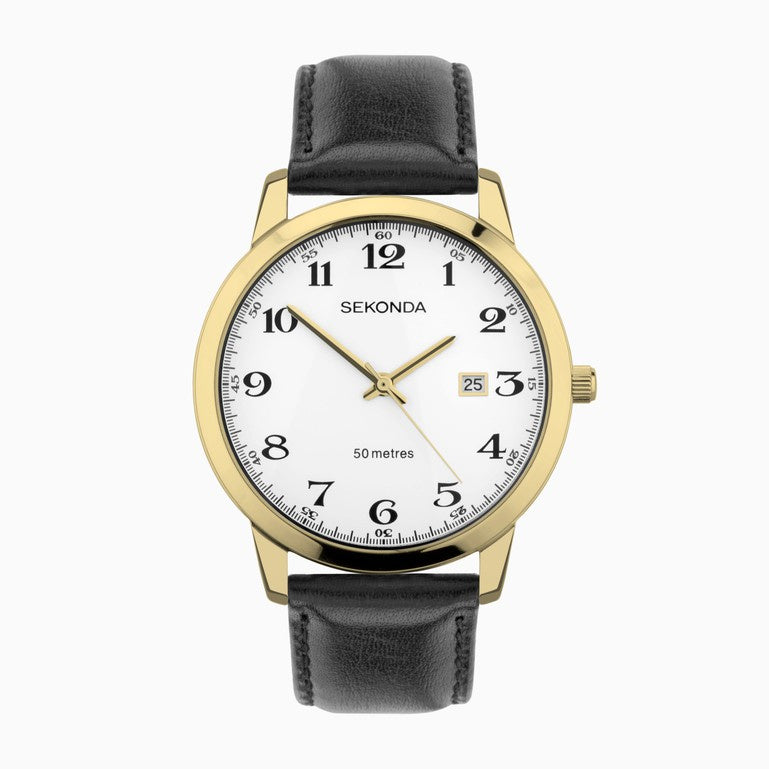 Sekonda Easy Reader Men's Watch with Gold Case, White Dial & Black Leather Strap 30130