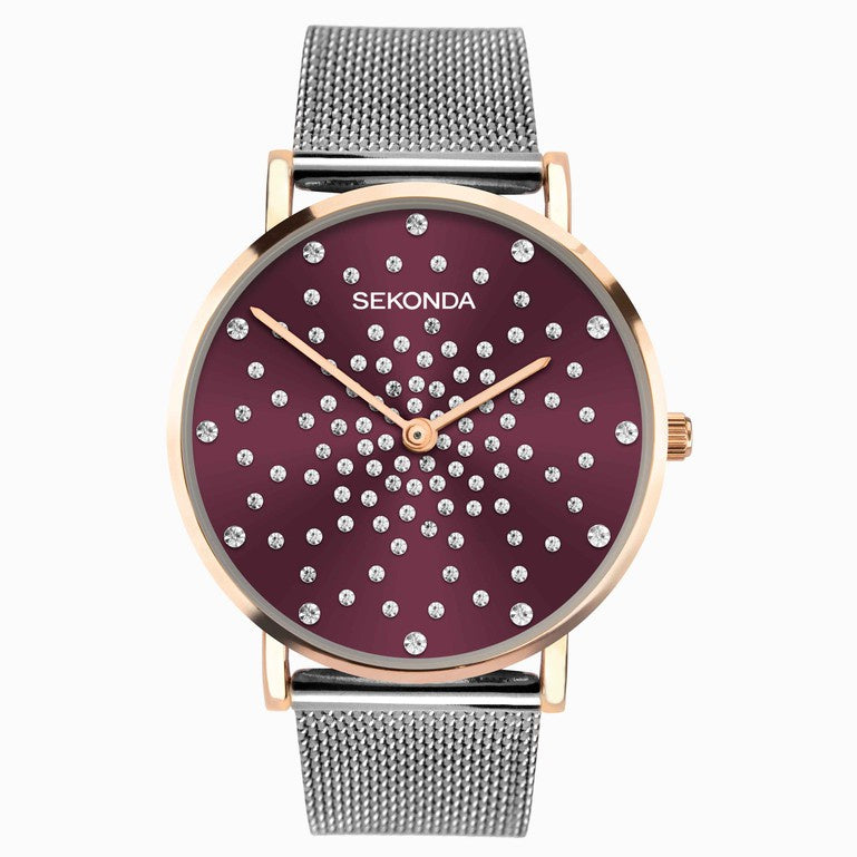 Sekonda Celeste Ladies Watch Two Tone with Red Dial & Mesh Strap 40500