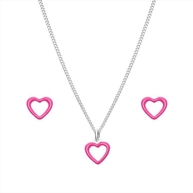 Silver Girls Pink Enamel Heart Earrings & Necklace Set SET5