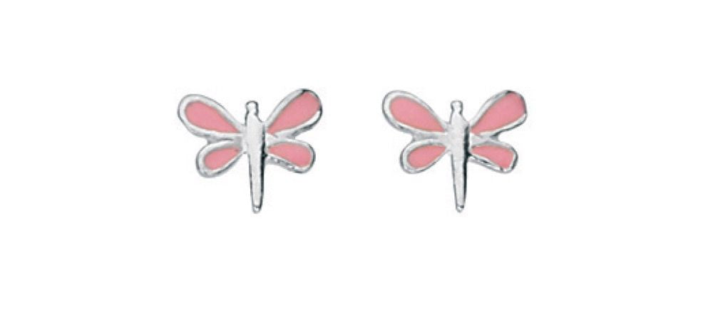 Silver and Pink Enamel Dragonfly Stud Earrings