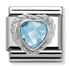 NOMINATION HEART FACETED CZ silver twisted setting LIGHT BLUE charm 330603-006