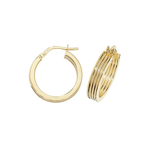 9ct Yellow Gold 3 Row 15mm Hoop Earrings