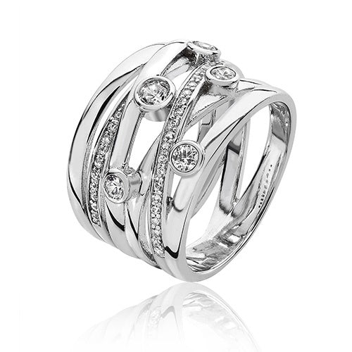 Silver Multi Crossover Grain Rubover Set CZ Ring