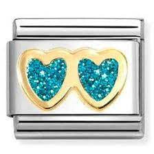 NOMINATION 18k Gold Light Blue Glitter Double Heart Charm 030220/12
