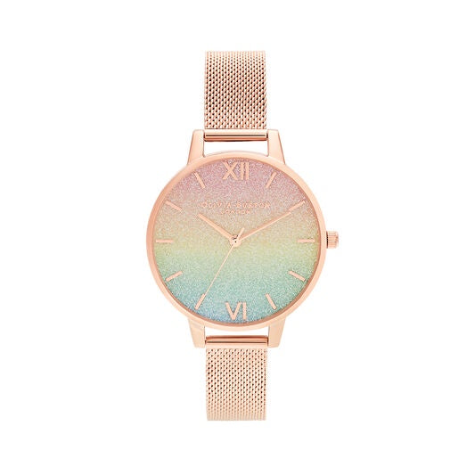 Olivia Burton Rainbow Glitter Dial & Rose Gold Mesh OB16RB18