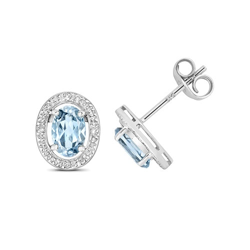 9ct White Gold Diamond & Aquamarine Oval Cut Halo Stud Earrings ED267WAQ