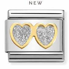 NOMINATION GLITTER Gold Double SILVER hearts charm 030220-01