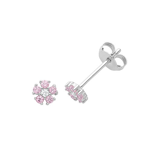 Silver Pink CZ Flower Stud Earrings G51312P