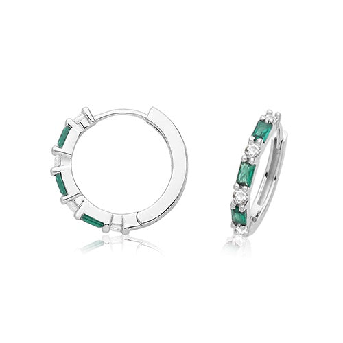 Silver Rhodium Plated Green CZ Hinged Hoop Earrings G51338EM