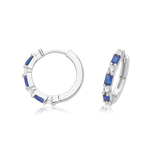 Silver Rhodium Plated Blue CZ Hinged Hoop Earrings G51338SA